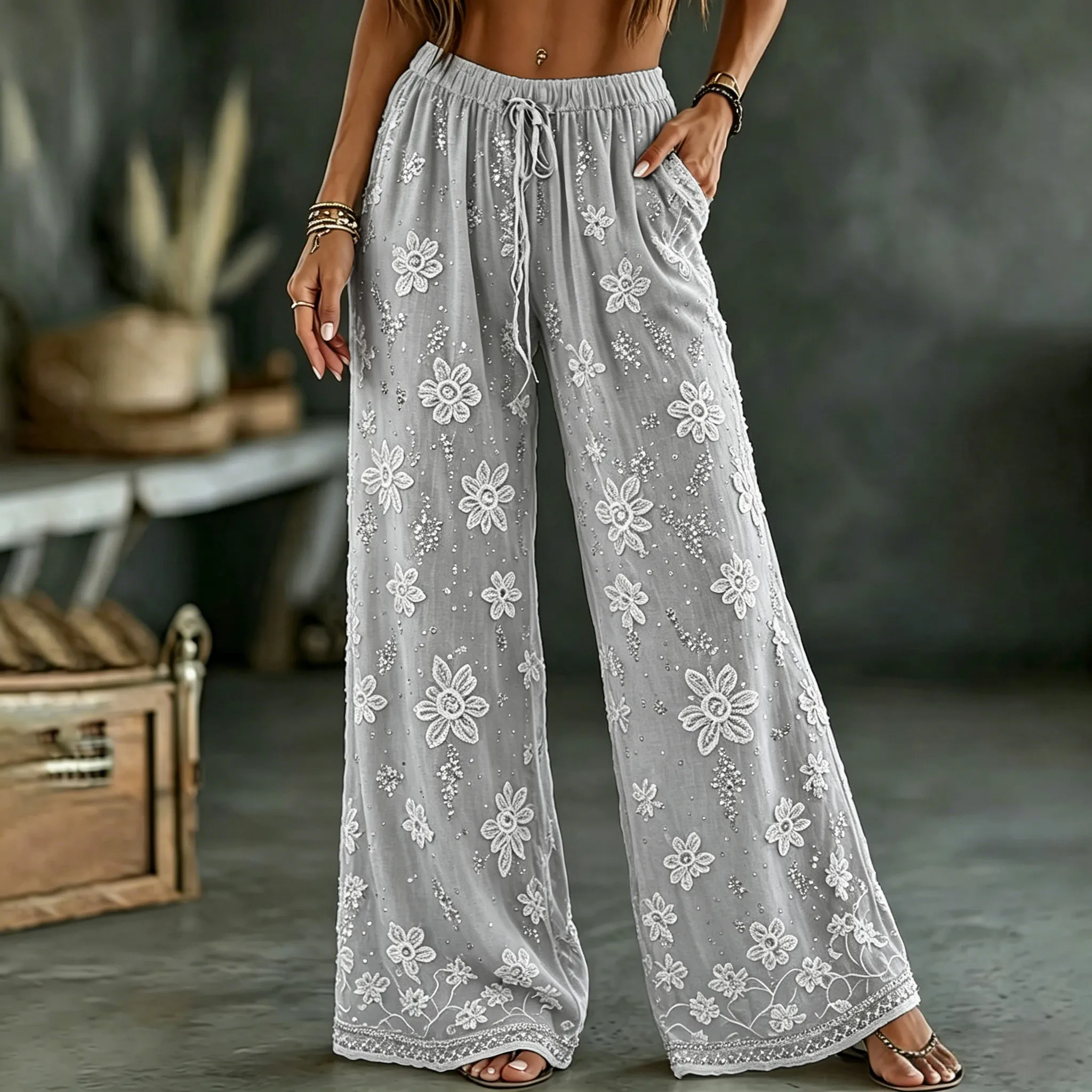Women's White Rose Art Embroidered Linen Blend Pants