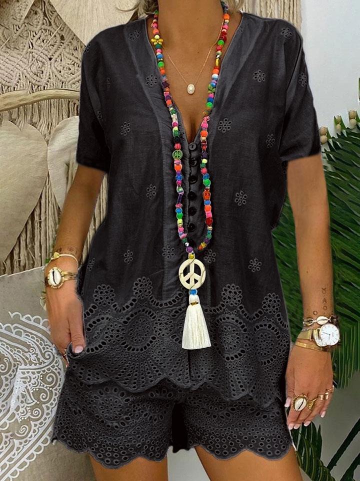 Fashionable Solid Color Hollow Short Sleeve Casual Suit