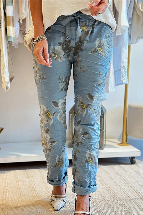 Women'S Floral Print Elastic Waist Casual Pocket Pants  (With Pockets)