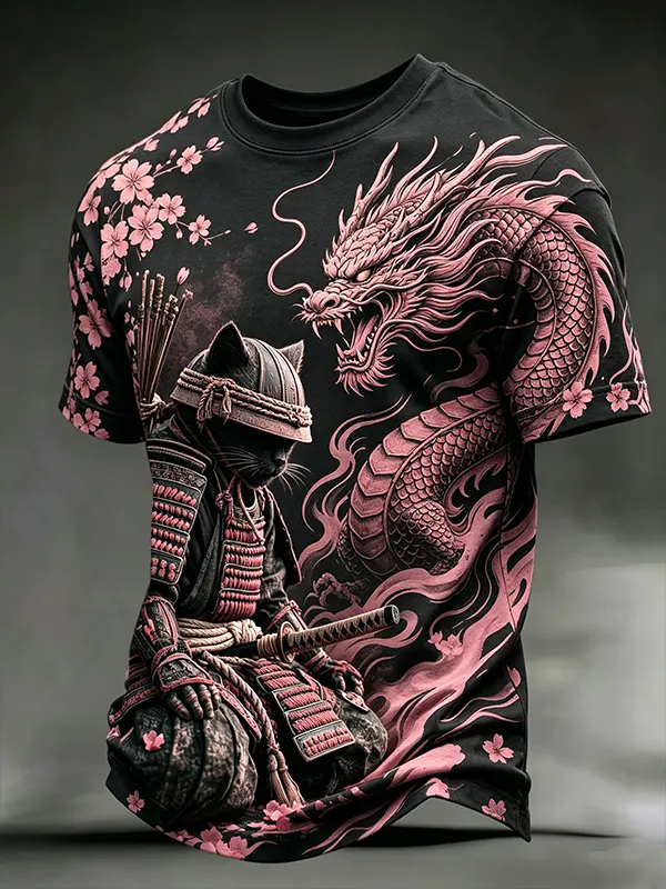 Men's Pink Dragon Cherry Blossom Samurai Cat Print Casual T-Shirt