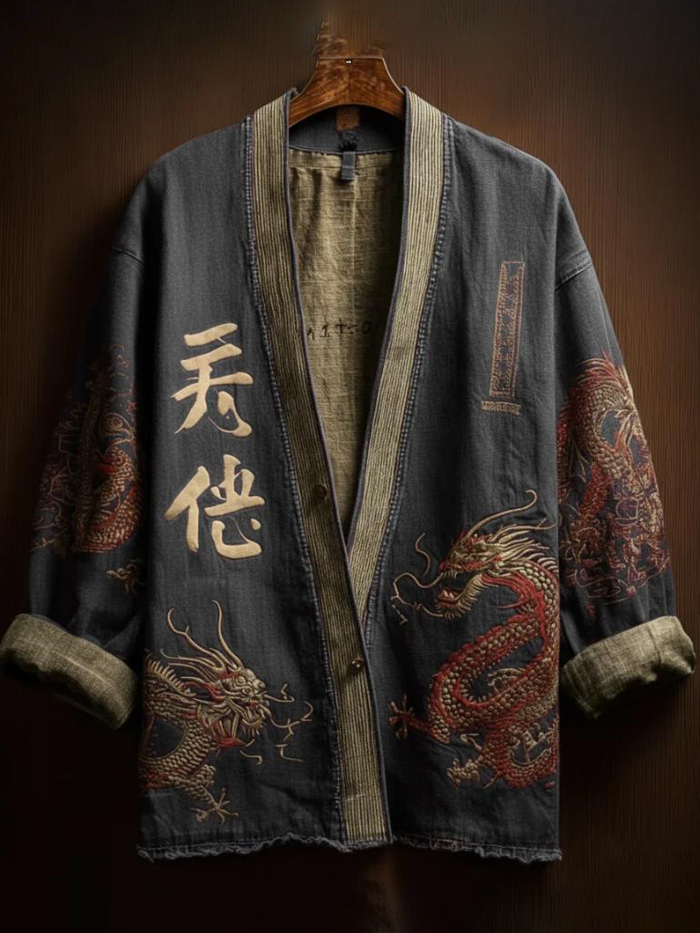 Men's Dragon Calligraphy Japanese Art Print Casual Kimono Cardigan