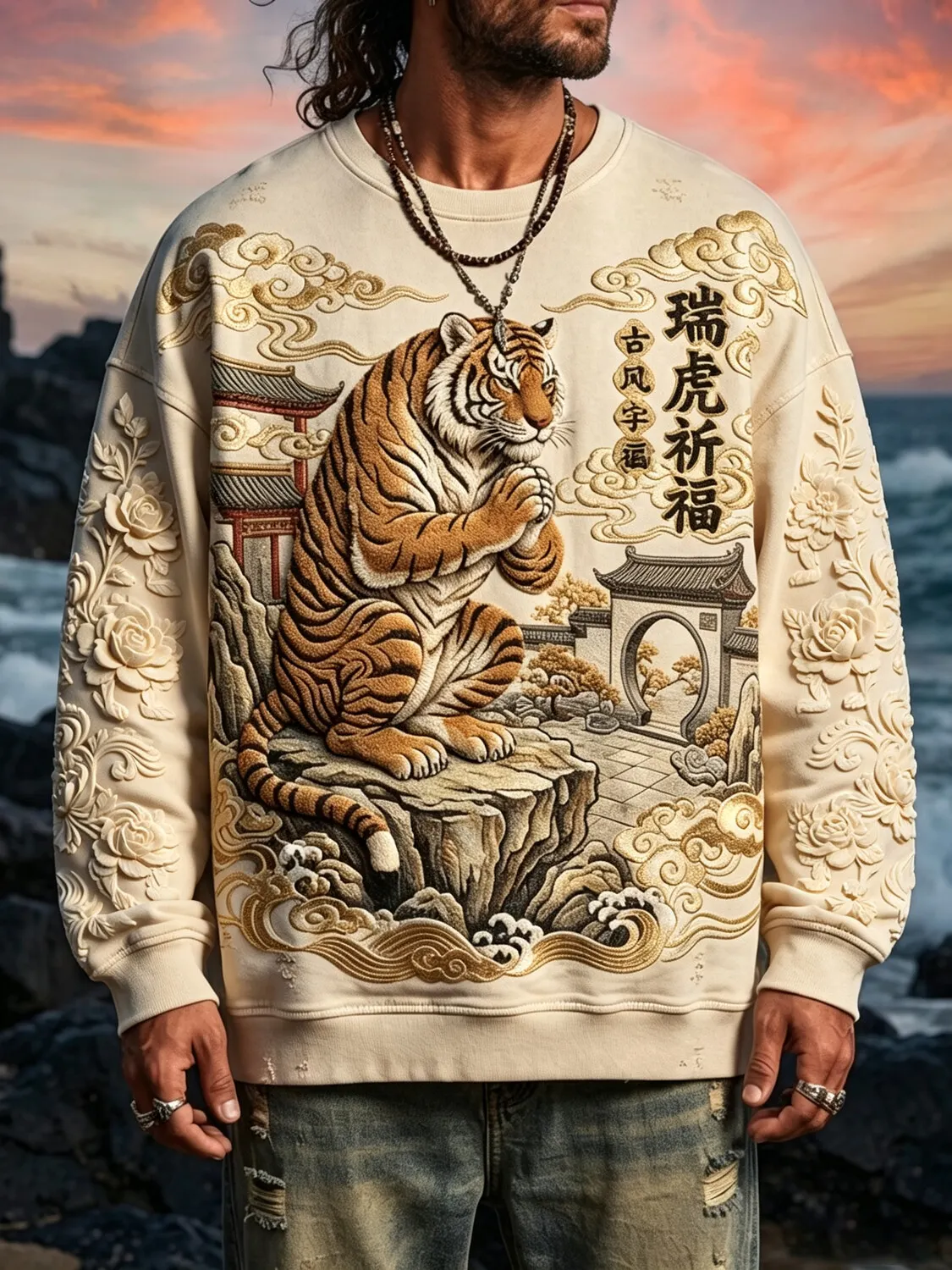 Men's 3D Embossed Praying Tiger Ancient Temple Floral Cloud Art Print Casual Sweatshirt