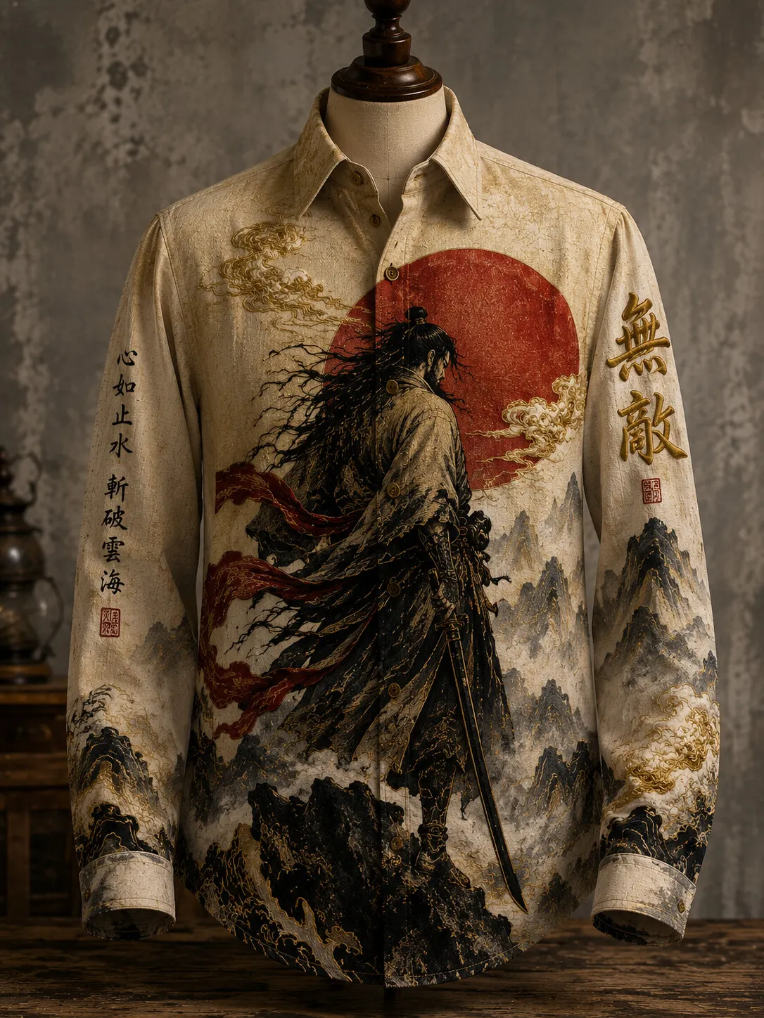Men's Chinese Wuxia Lone Warrior Red Sun Mountain Landscape Calligraphy Art Print Long Sleeve Shirt