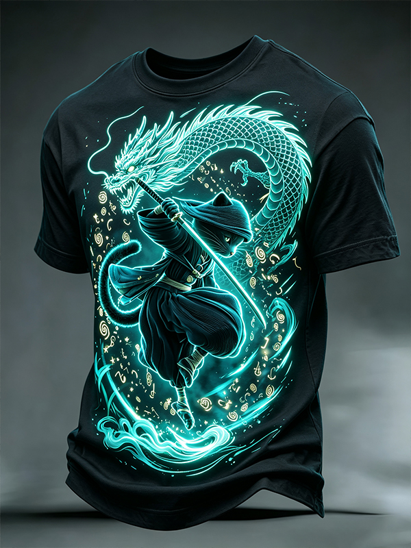 Men's Cyan Neon Ninja Cat and Dragon Print Casual T-Shirt