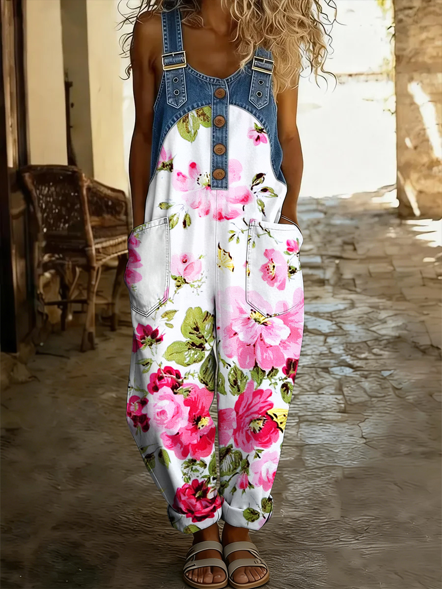 Women's Floral Art Print Washed Cotton Denim Patchwork Jumpsuit