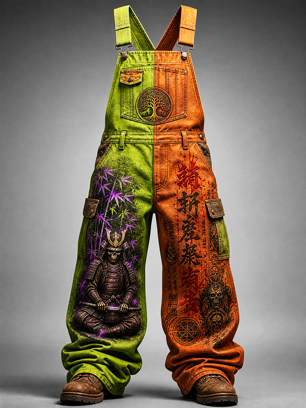 Men's Samurai Bambo Kanji Color Print Overalls Jumpsuit