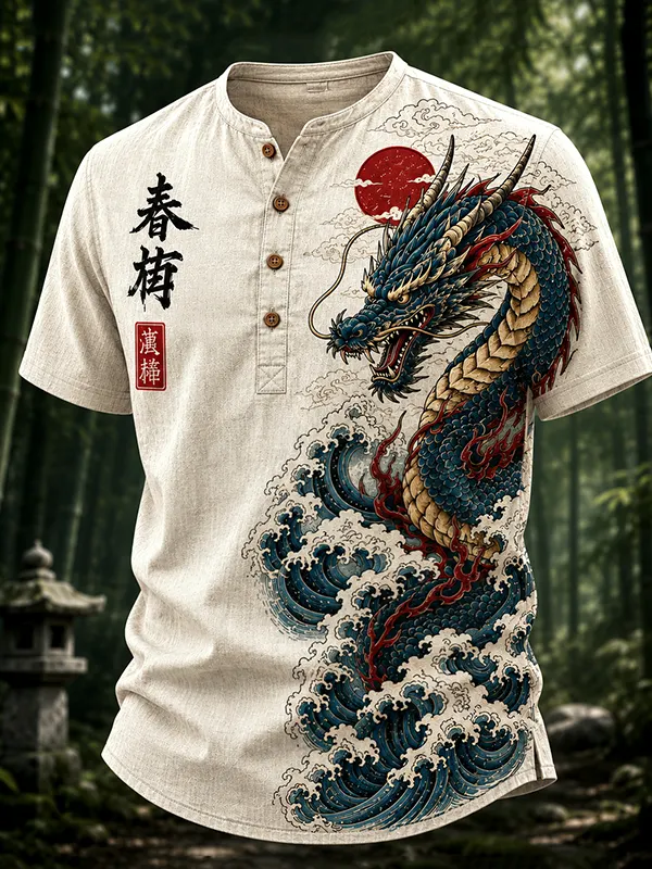 Men's Dragons and Waves Japanese Art Print Half Button Shirt