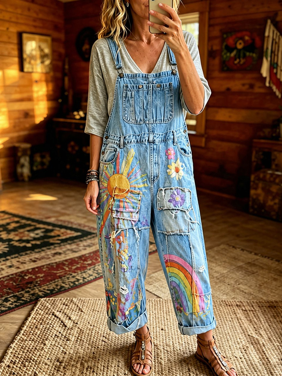 Women's Retro Style Print Washed Cotton Denim Patchwork Jumpsuit