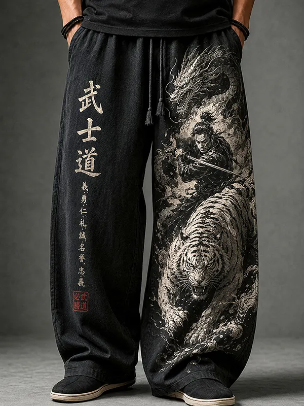 Men's White Tiger And Dragon Samurai Bushido Japanese Art Print Loose Drawstring Waist Pants