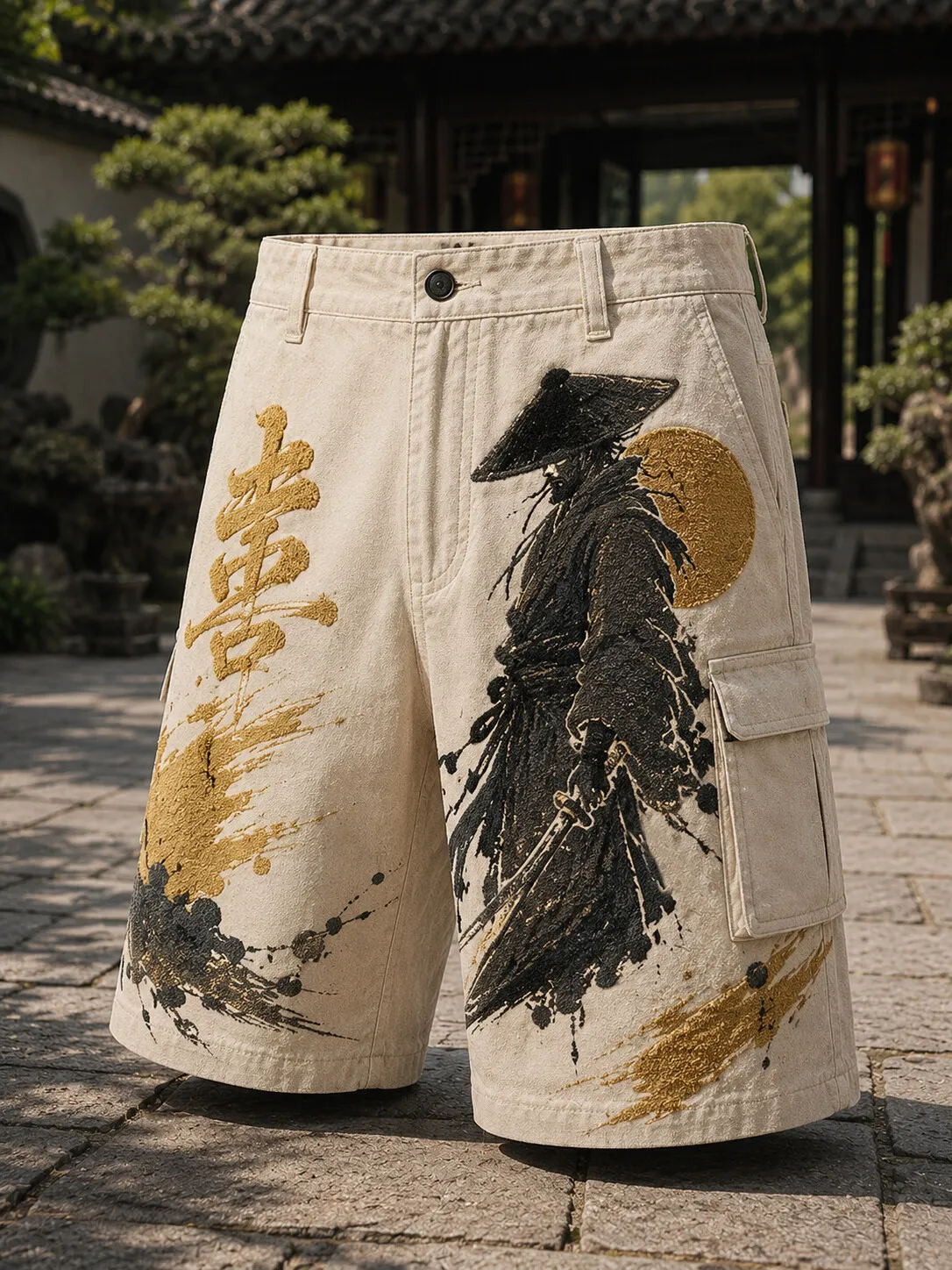 Men's Samurai Golden Calligraphy Print Casual Shorts