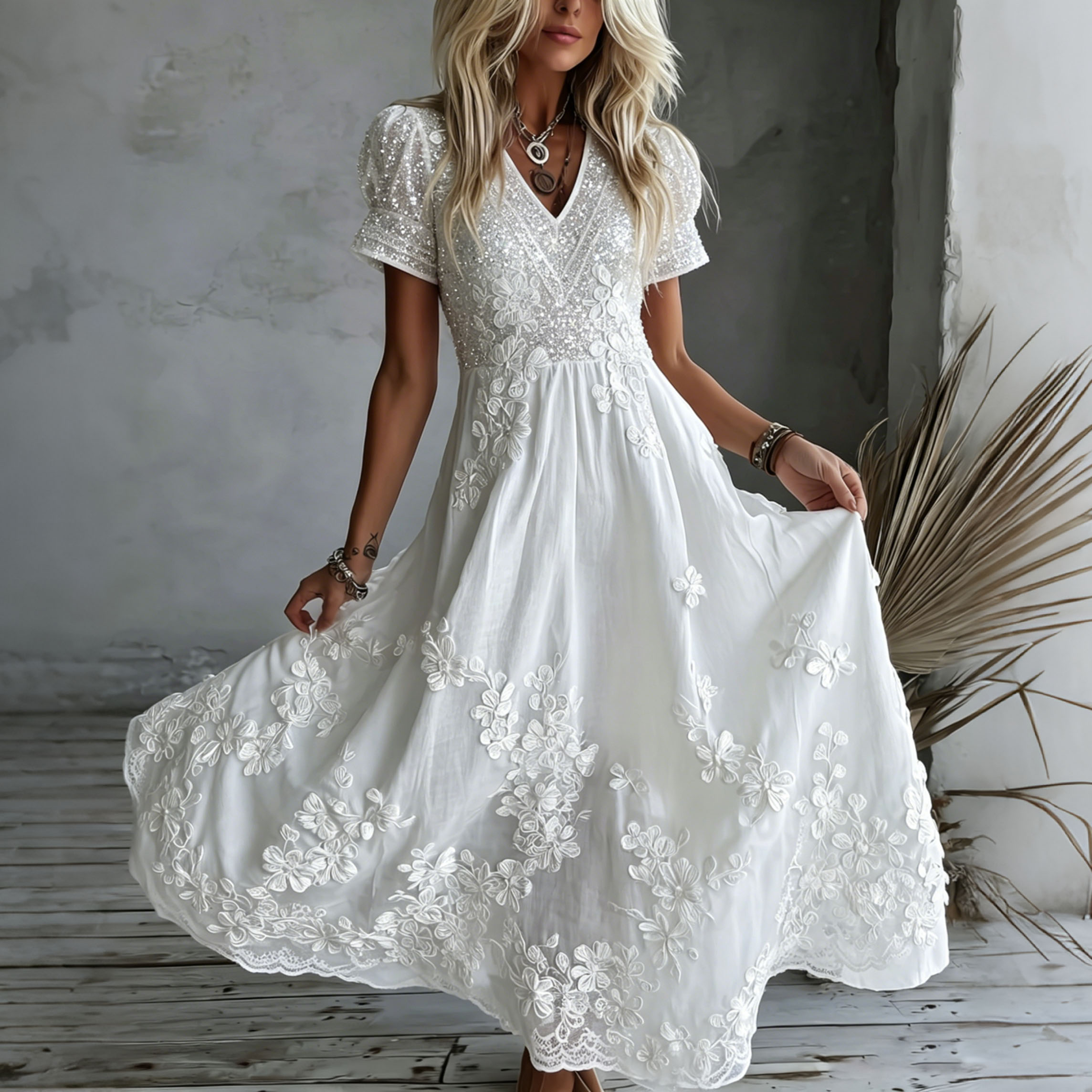 Women's White Rose Art Embroidered Linen Blend V Neck Maxi Dress