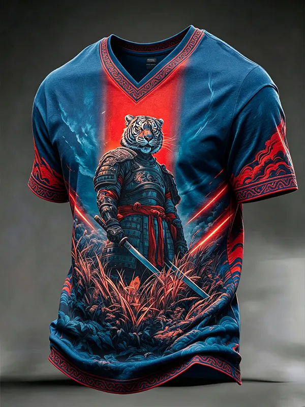Men's Samurai Tiger Warrior Japanese Art Print Casual V Neck T-Shirt