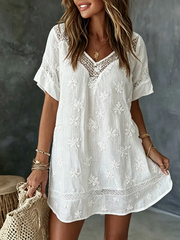Women's Rose Art Embroidered Linen Blend Round Neck Mini Dress