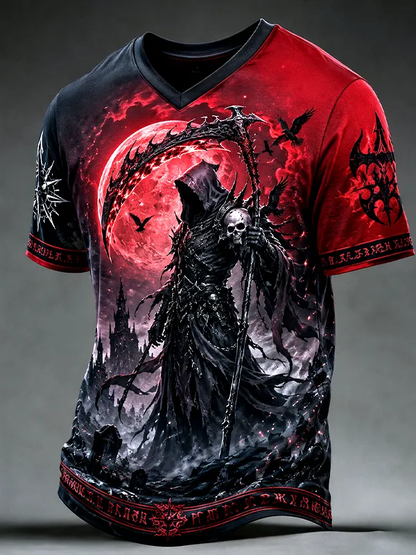 Men's Gothic Horror Grim Reaper and Red Moon Print Casual V Neck T-Shirt
