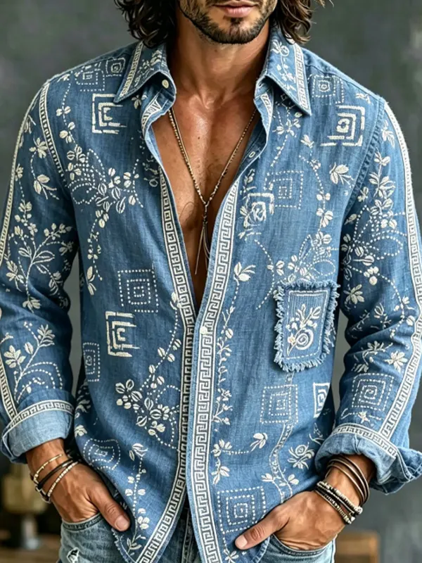 Men's Greek Key Meander Geometric Floral Pattern Print Long Sleeve Shirt