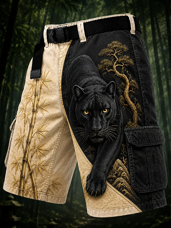 Men's Black Panther And Bamboo Print Casual Shorts