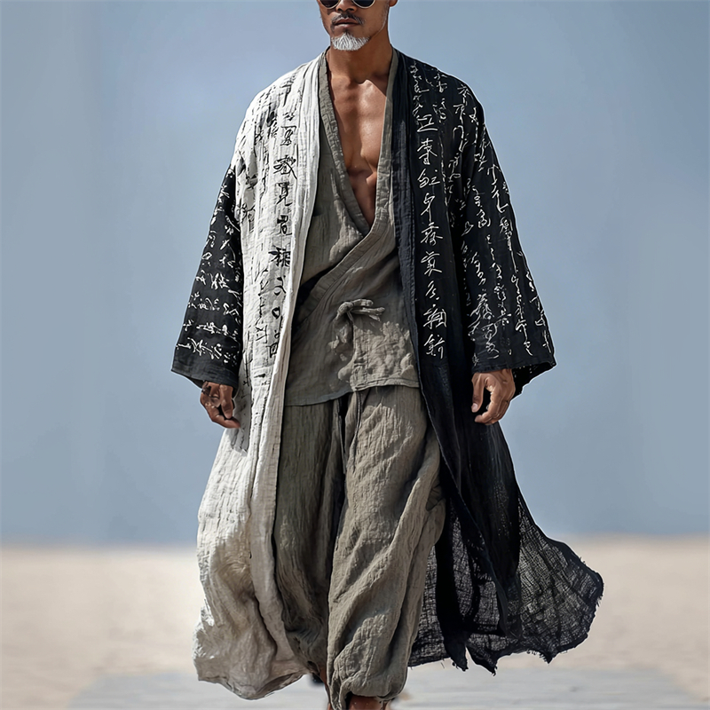 Men's Japanese Black White Colorblock Calligraphy Printed Casual Kimono Cardigan