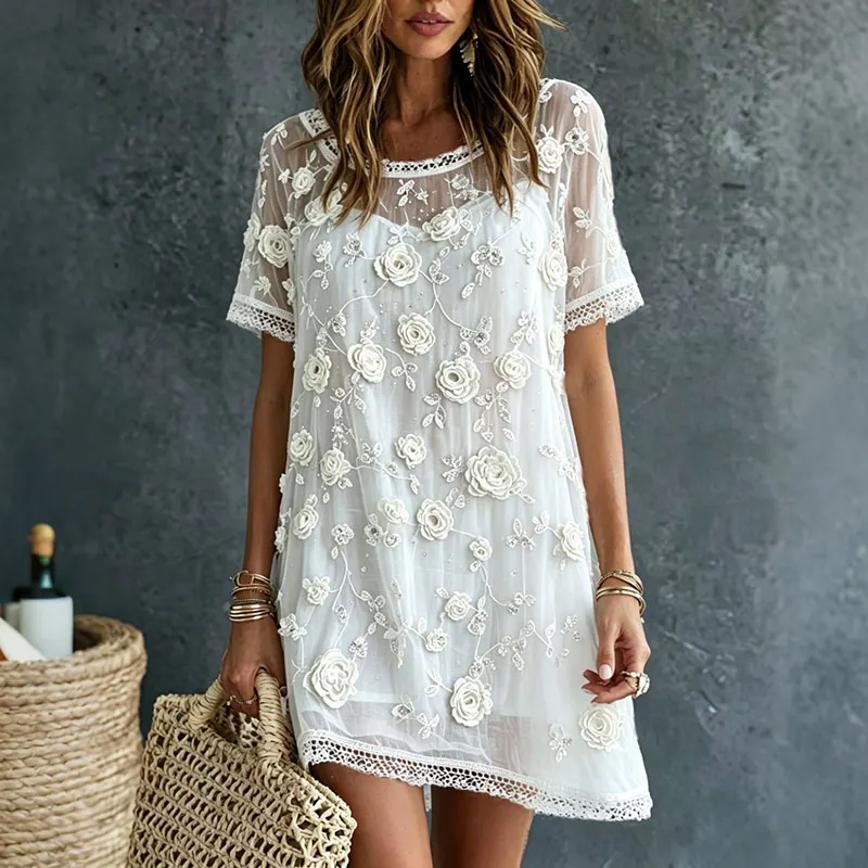Women's White Rose Art Embroidered Linen Blend Round Neck Maxi Dress