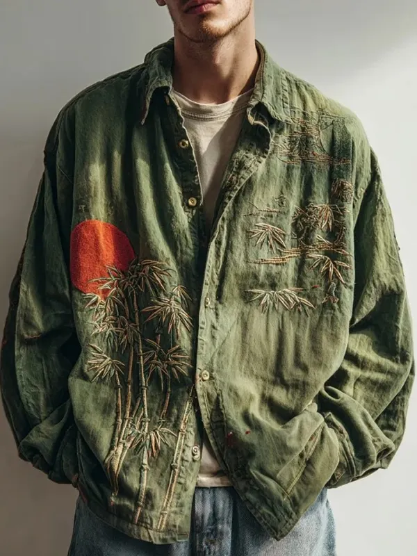 Men's Retro Bamboo Sun Art Print Long Sleeve Shirt