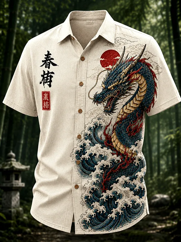 Men's Dragons and Waves Japanese Art Print Casual Shirt