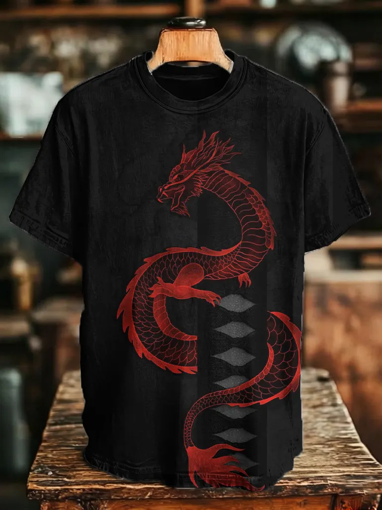 Men's Line Art Oriental Dragon Print Casual T-Shirt