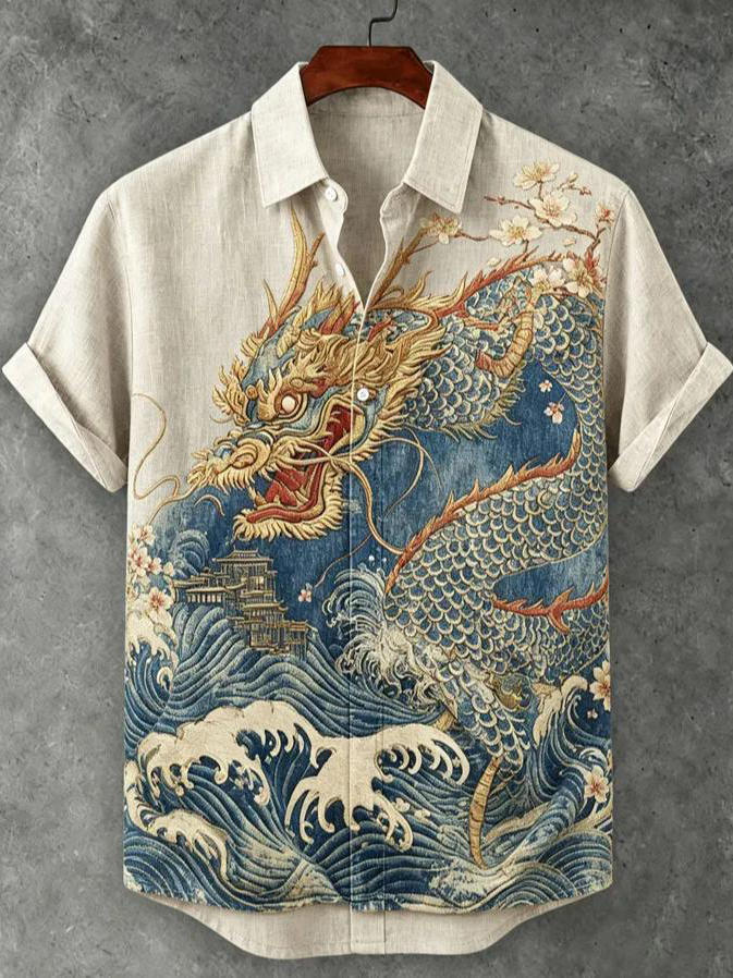 Men's Dragon Cherry Blossom Ocean Wave Ancient Temple Vintage Japanese Art Print Short Sleeve Shirt