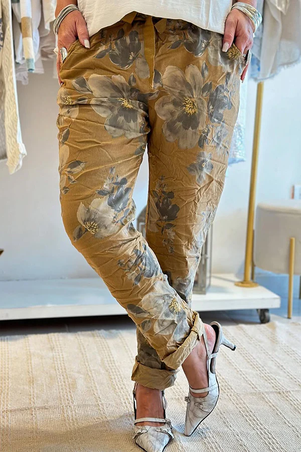 Women'S Floral Print Elastic Waist Casual Pocket Pants  (With Pockets)