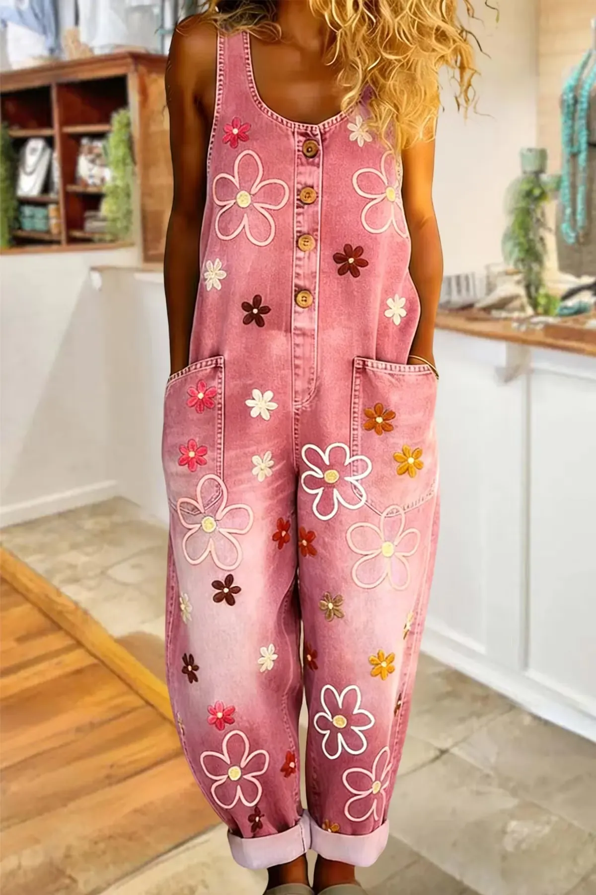 Multicolor Petal-Print Denim Jumpsuit