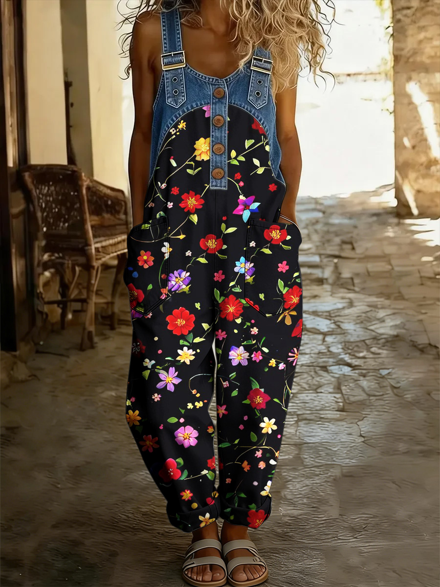 Women's Floral Art Print Washed Cotton Denim Patchwork Jumpsuit