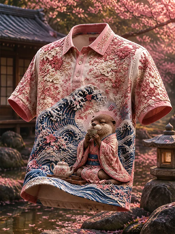 Men's Japanese Tea Ceremony Kimono Otter Wave Printed Short Sleeve Polo Shirt