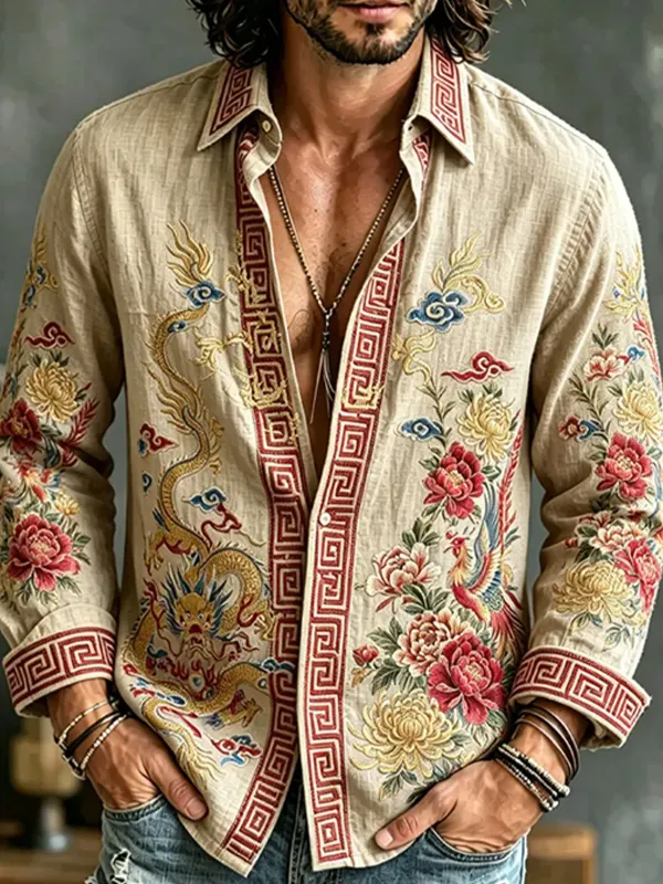Men's Dragon and Phoenix Traditional Oriental Pattern Long Sleeve Shirt