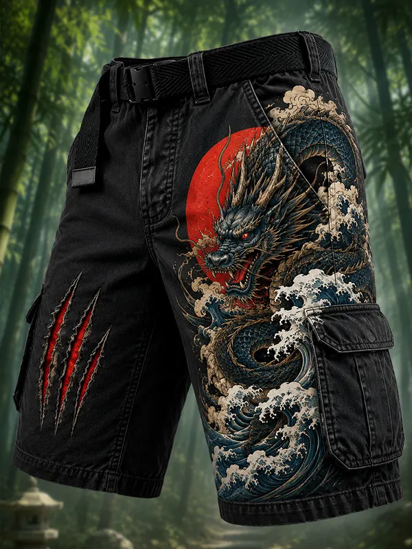 Men's Dragon Giant Waves Japanese Art Print Casual Shorts