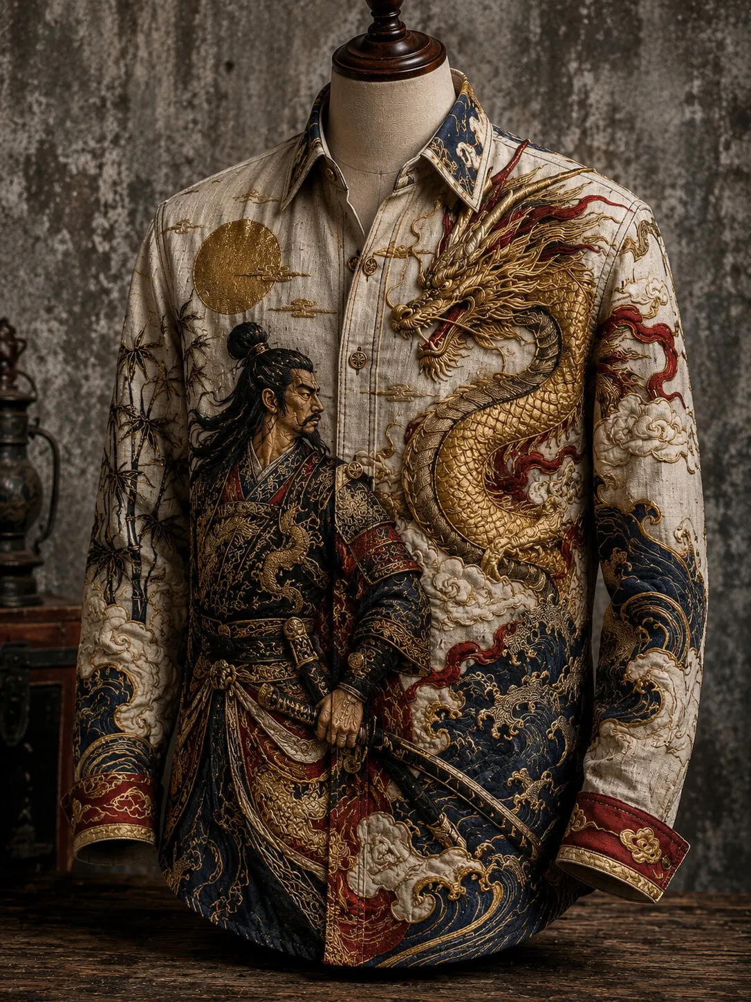 Men's Warrior Golden Dragon Ocean Wave Sun Art Print Long Sleeve Shirt