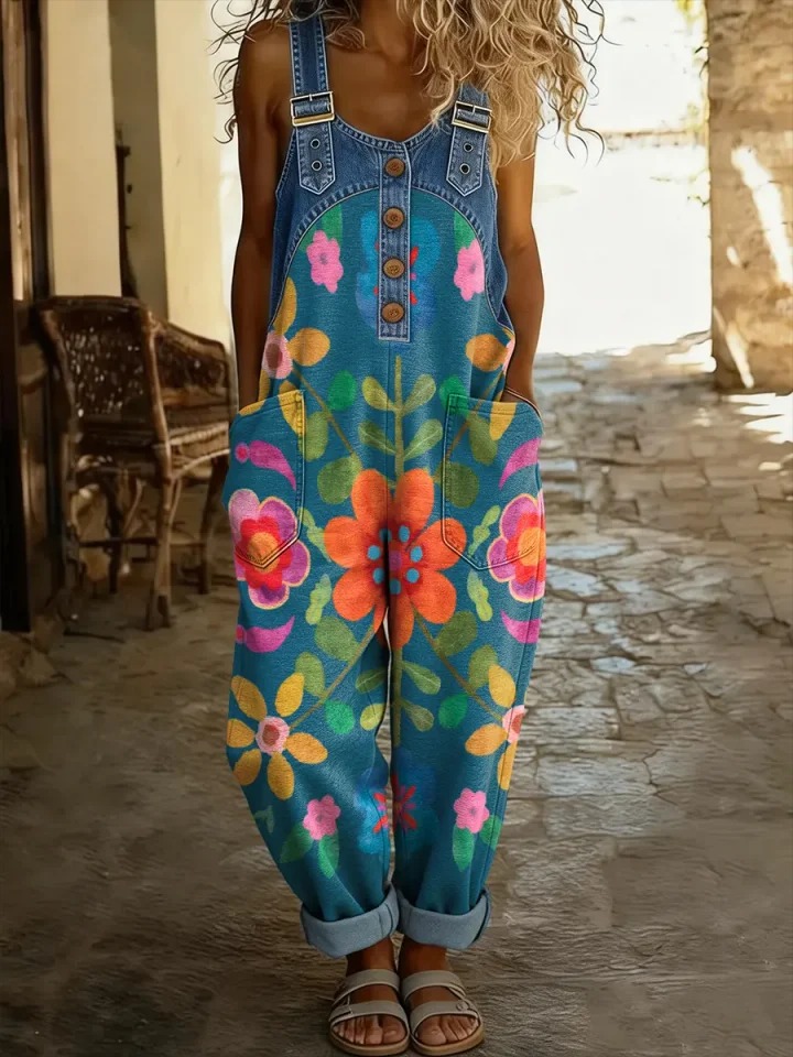 Women's Floral Art Print Patchwork Jumpsuit