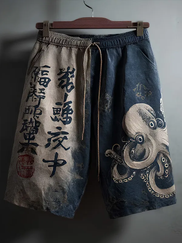 Men's Vintage Japanese Octopus Calligraphy Art Printed Casual Shorts