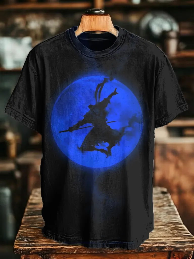 Men's Moon Monkey King Silhouette Print T-Shirt
