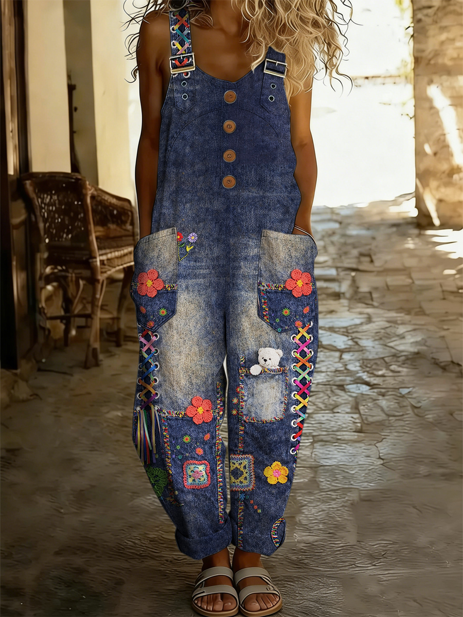 Women's Floral Art Print Washed Cotton Denim Patchwork Jumpsuit