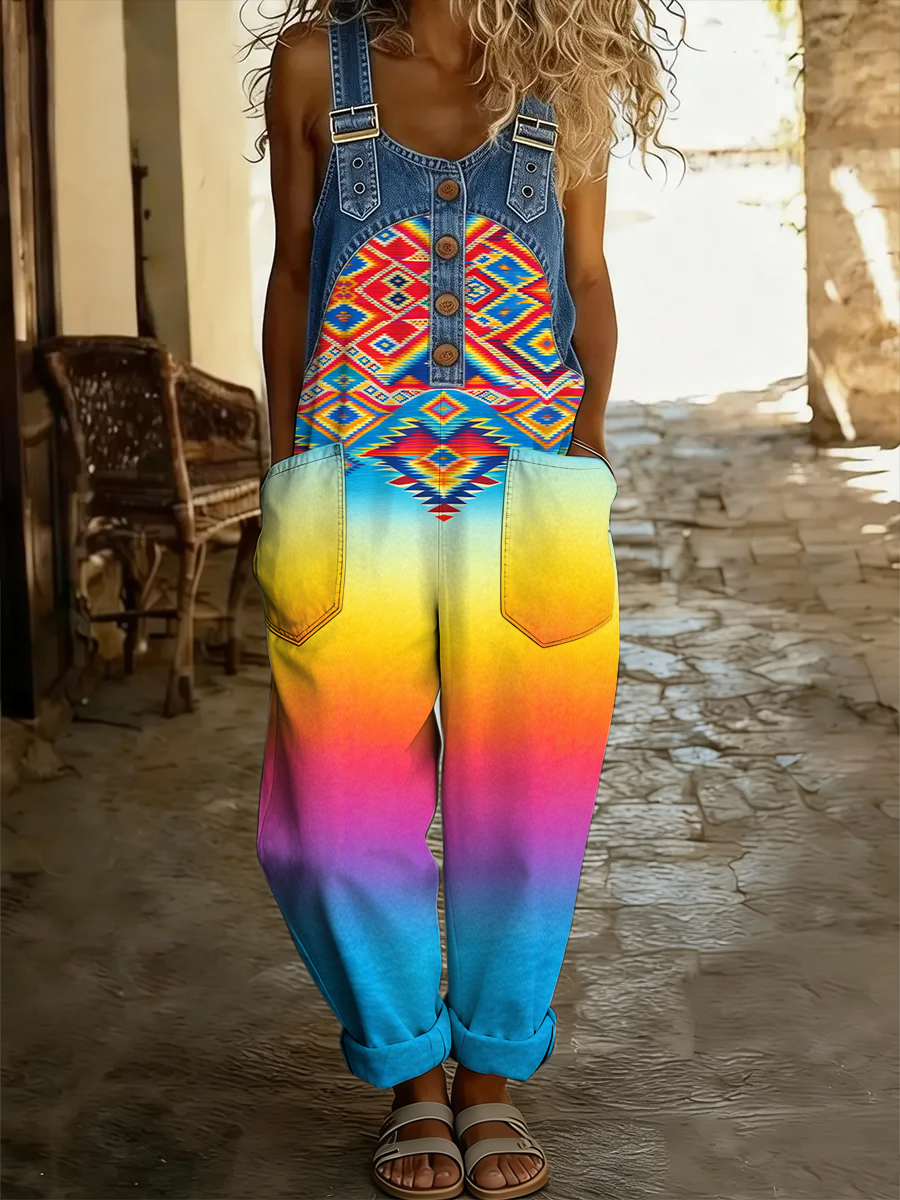 Women's Boho Color Art Print Washed Cotton Denim Patchwork Jumpsuit