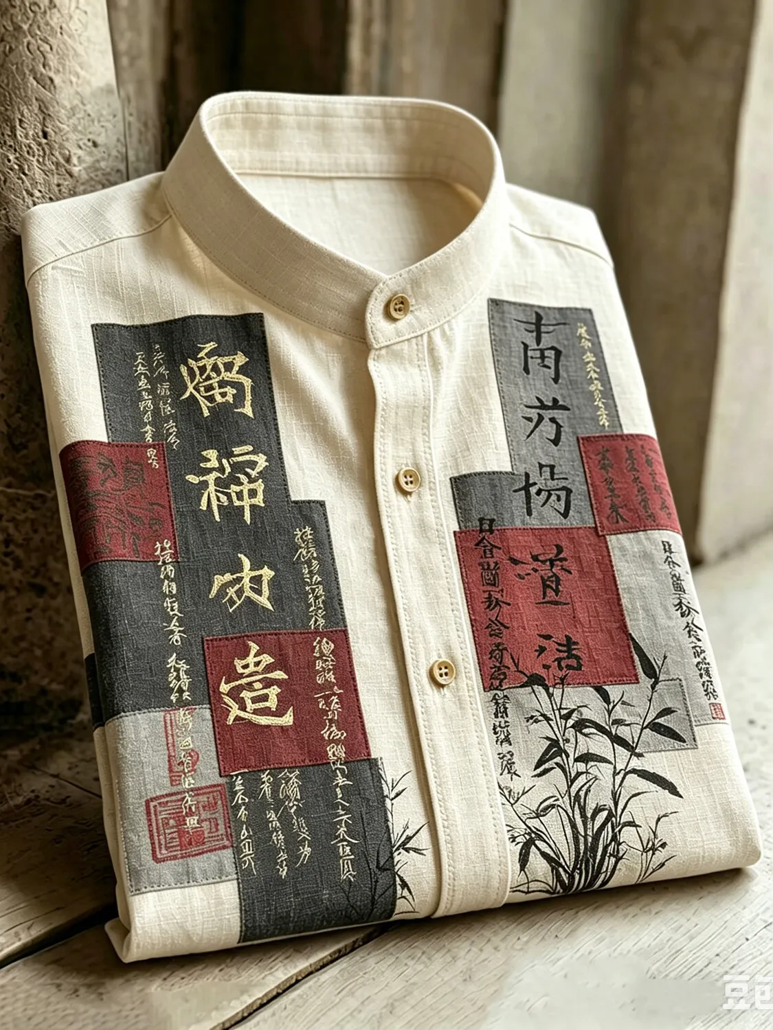 Men's Retro Calligraphy Bamboo Japanese Art Print Short Sleeve Shirt