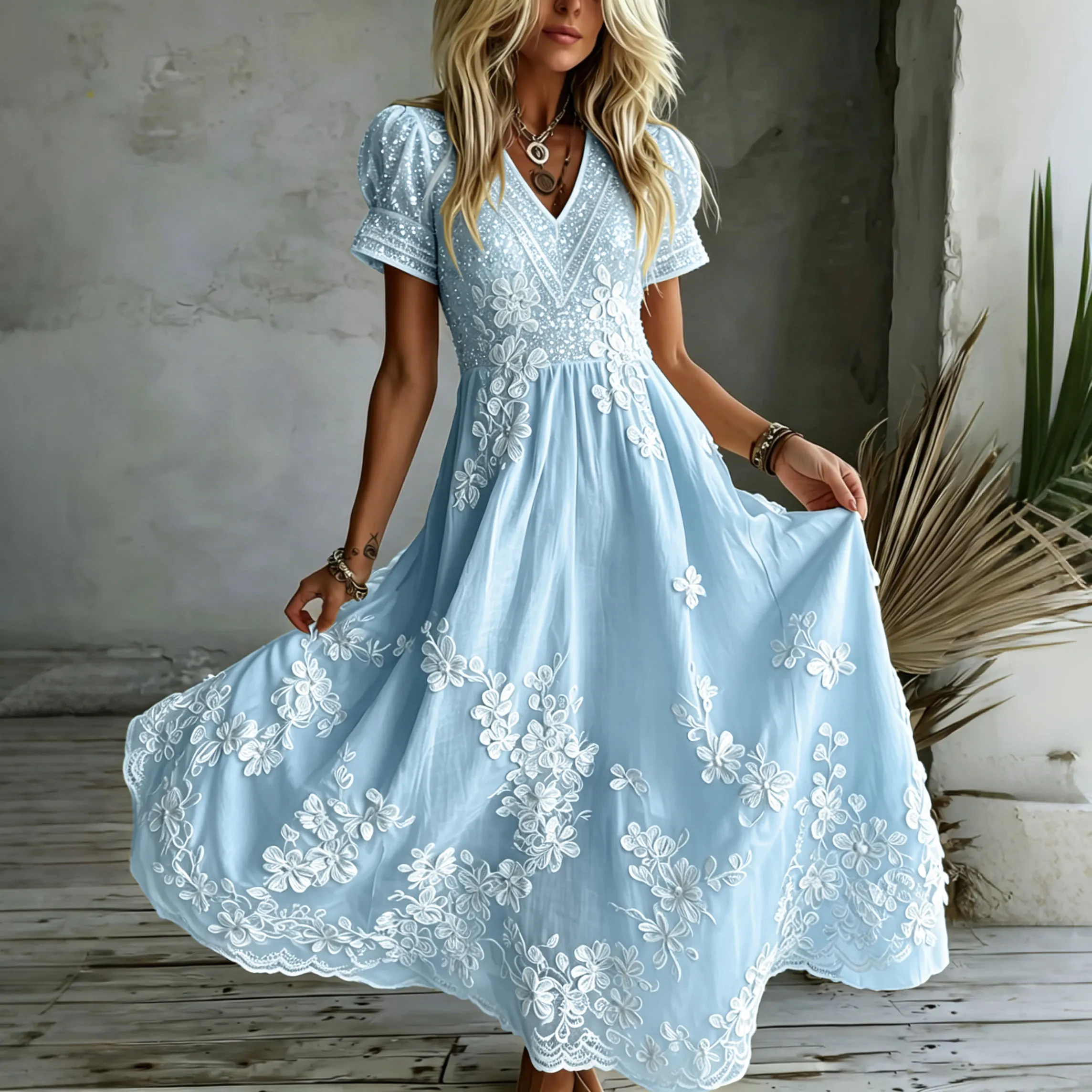 Women's White Rose Art Embroidered Linen Blend V Neck Maxi Dress