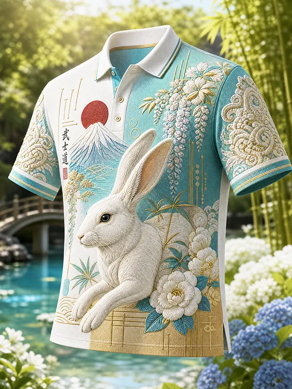 Men's Japanese Art Mount Fuji Rabbit Floral Printed Short Sleeve Polo Shirt