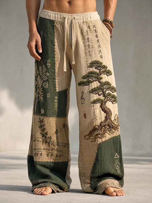 Men's Vintage Pine Tree Patchwork Pattern Casual Pants