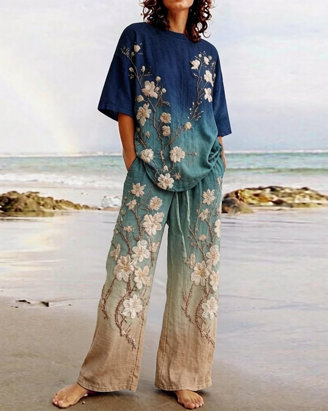 Women's Summer Resort Floral Embroidery Tie-Dye Gradient Linen Short-Sleeve Top & Pants Two-Piece Set  5488