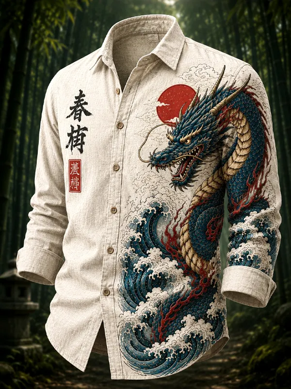 Men's Dragons and Waves Japanese Art Print Long Sleeve Shirt