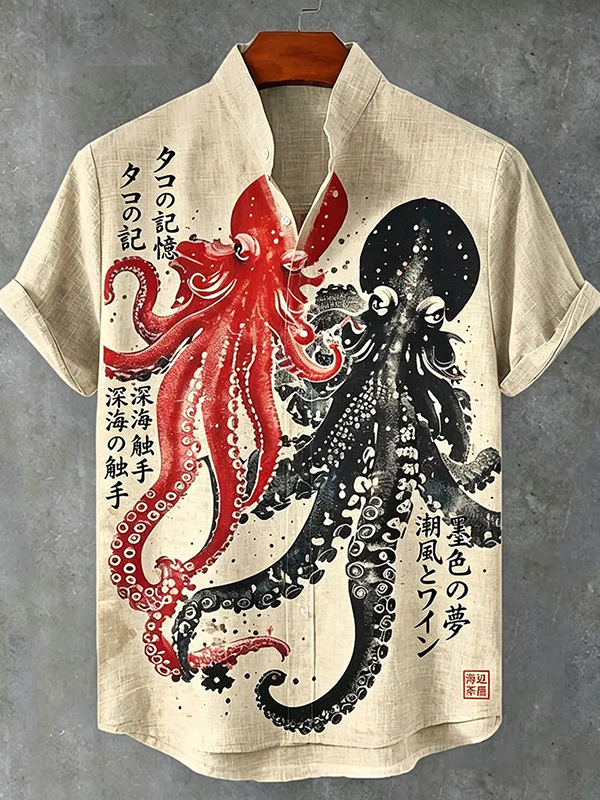 Men's Two Octopuses Japanese Art Print Casual Shirt