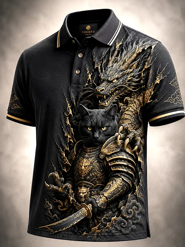 Men's Black Cat Warrior And Dragon Print Polo Shirt