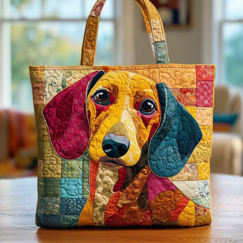 Colorful Patchwork Puppy Pattern Quilted Tote Bag