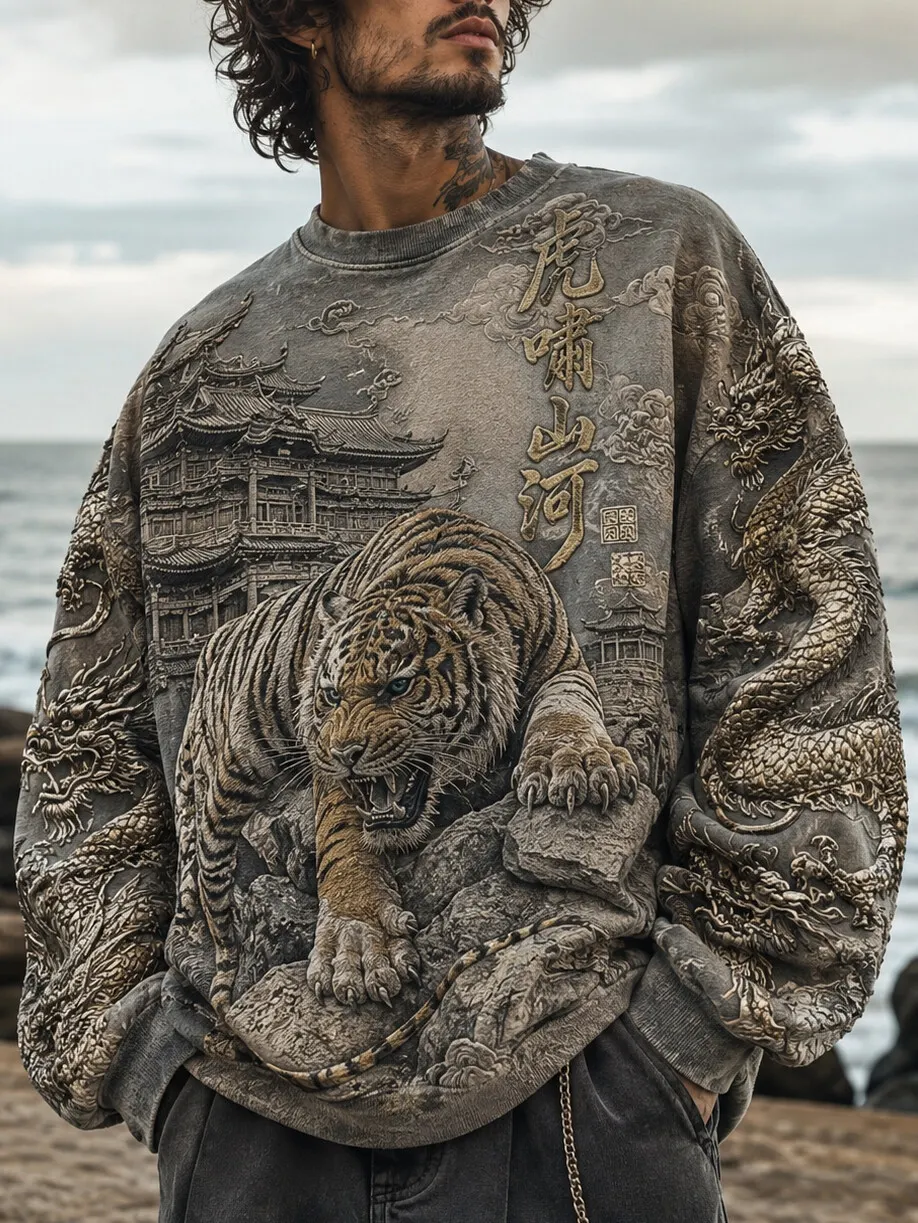 Men's 3D Stone Texture Tiger Temple Dragon Art Print Casual Sweatshirt