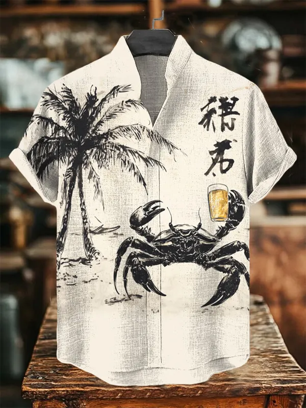 Men's Crab Holding A Beer Art Print Casual Shirt