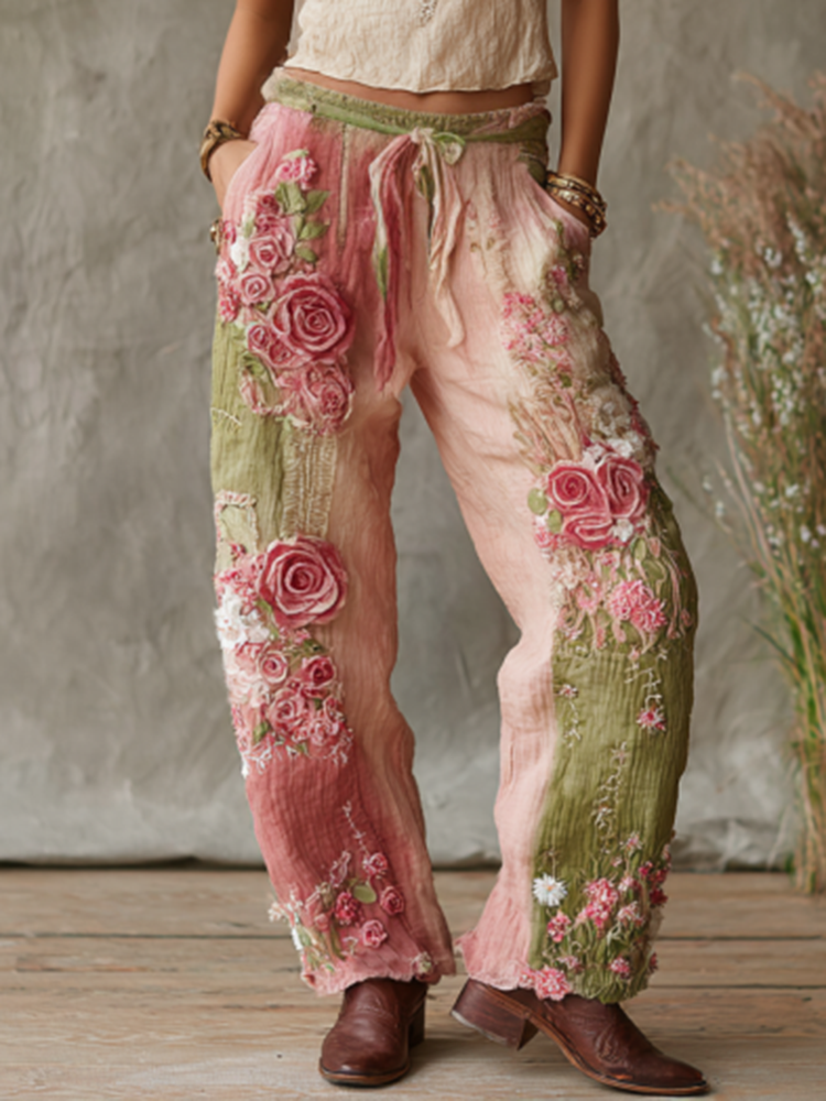 Love & Health Collection Retro Western Women Style Vintage Rose And Floral Patchwork Art Linen Pants 3d39